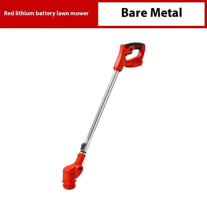 Portable household weeding machine in bare metal finish with long handle.