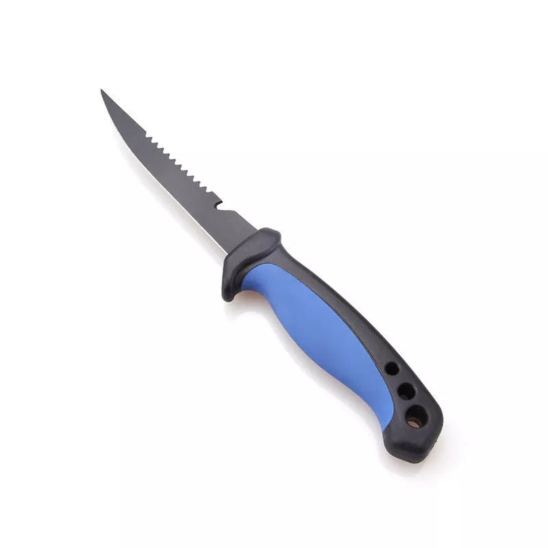 Navy blue stainless steel fishing knife with protective cover for safe storage