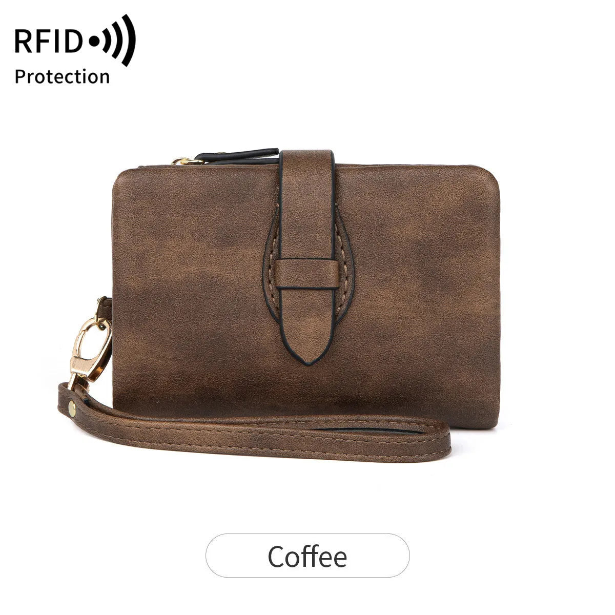 RFID women's short wallet in PU leather with sewing line detail, available in eight colours
