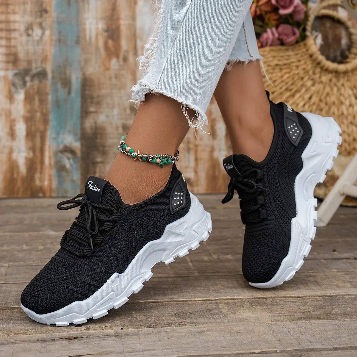 Women's Flyknit mesh casual sports shoes with flat heel and round toe in multiple colours