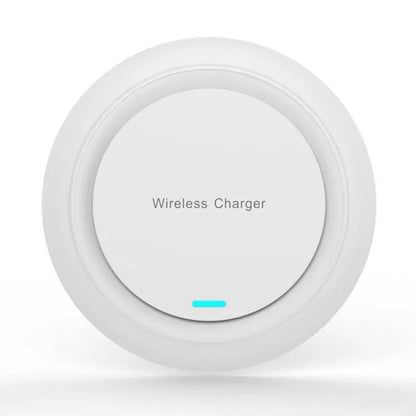 Round desktop wireless charger showing black and white colour options with USB cable