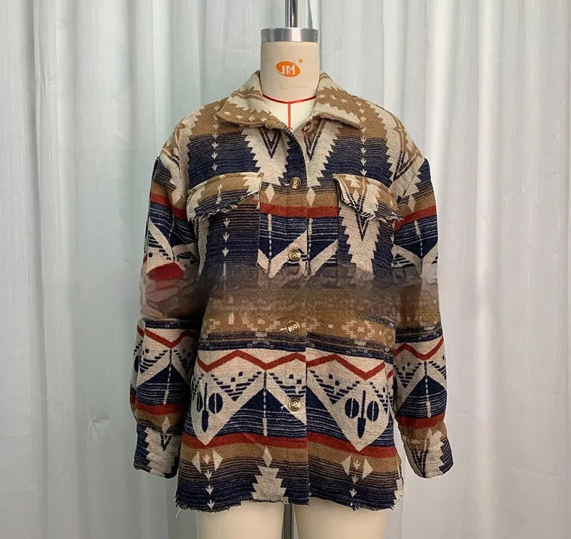Retro style women's jacket with Aztec print in woolen coat construction, shown in loose fit with long sleeves