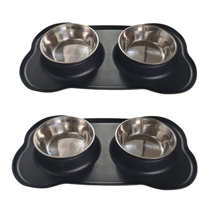 Large silicone dog bowl with stainless steel insert in five colour options on kitchen floor