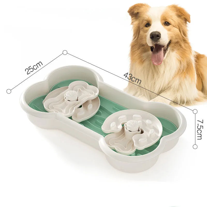 Green, pink, and yellow large slow feeder dog bowl with three puzzle trays and suction cups.