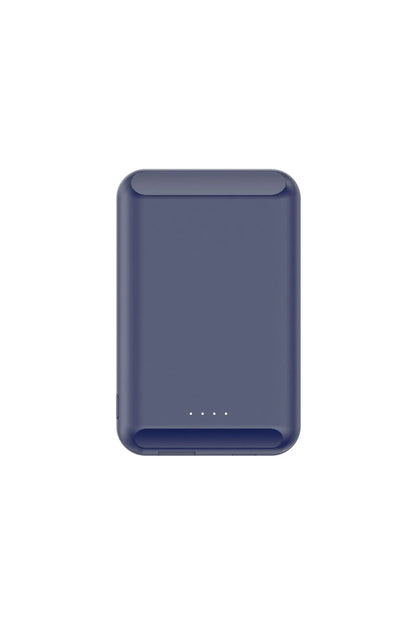 Magnetic wireless power bank in five colour options showing compact 85mm design with 5000mAh capacity