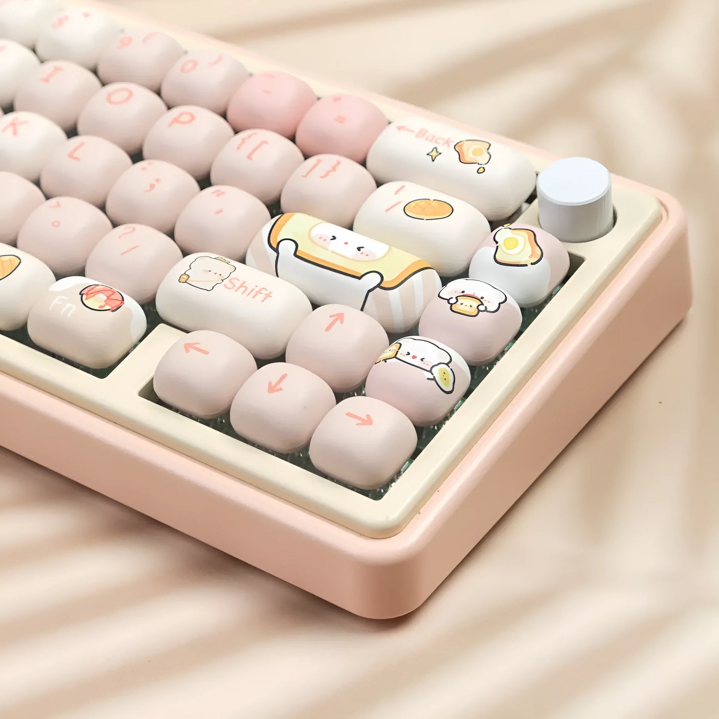 Full set of white PBT key caps with steamed bread and bear character designs for mechanical keyboards.