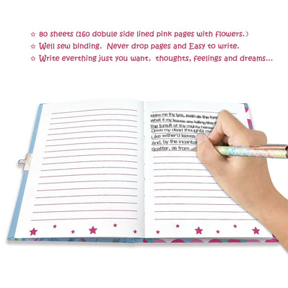 Children's mermaid printed notebook with lock, paper cover, thread binding, and 80 sheets of 70gsm raw wood pulp paper.