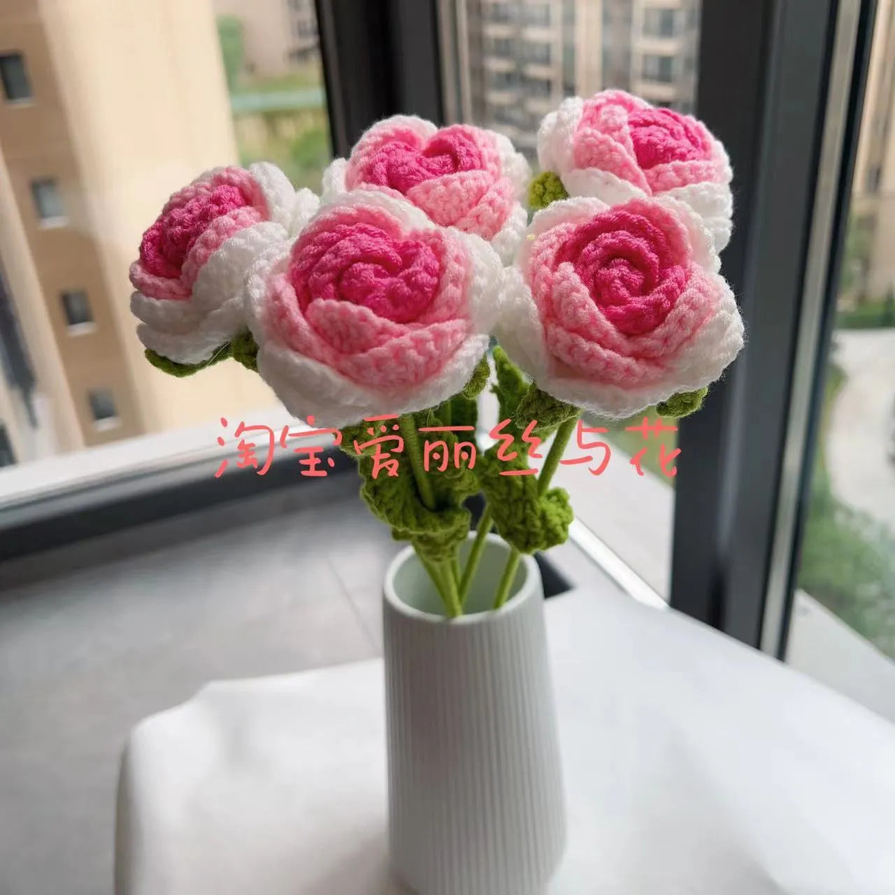 Wool-woven artificial silk rose bouquet in gradient blue colour with textured floral arrangement