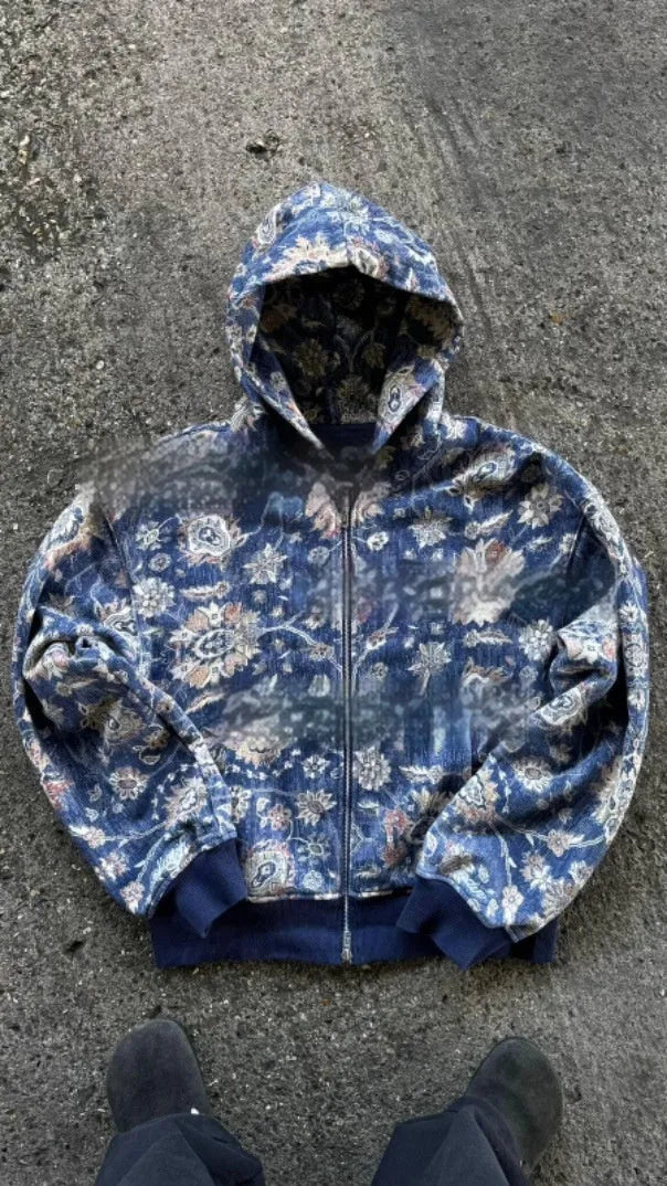 Men's loose zip hooded coat with long sleeves and digital printing in red or blue polyester, available in sizes from XS to 6XL for casual autumn wear and youth styling, suitable for leisure scenarios.