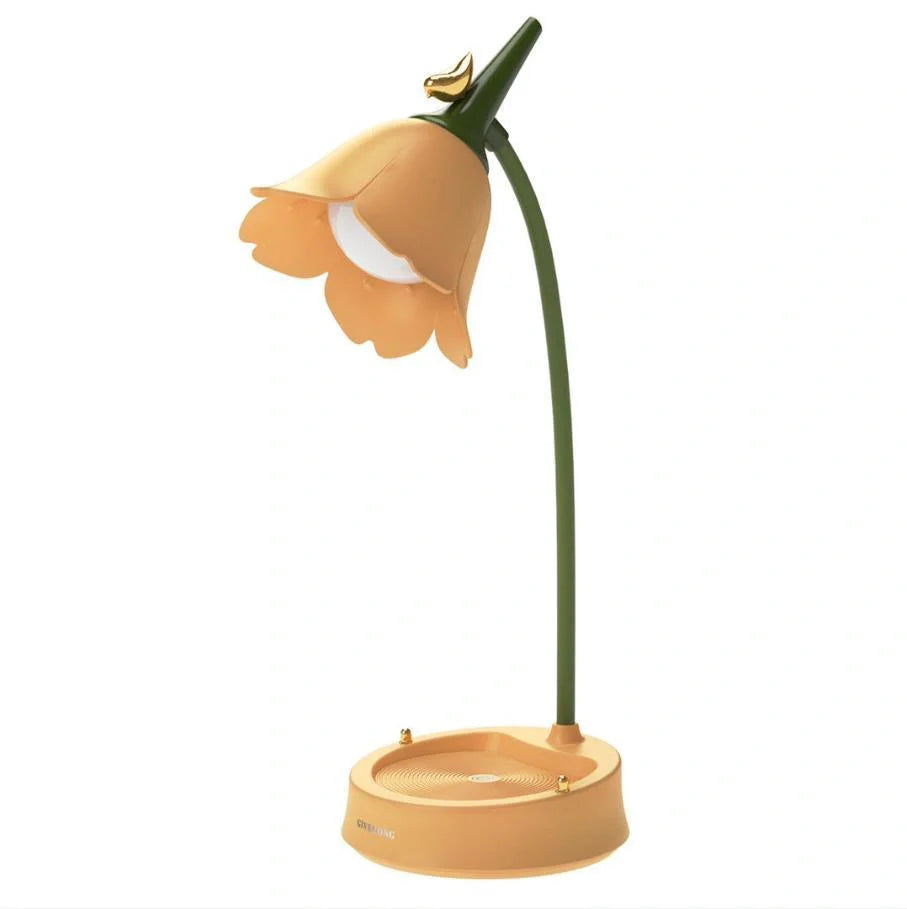 360-degree rotatable LED desk lamp with wireless charging in yellow, blue, pink, and green