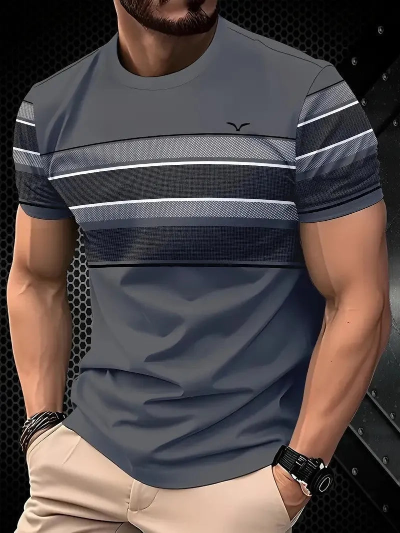 Men's loose fit short sleeve polyester t-shirt shown in available colours: black, gray, white, dark red.