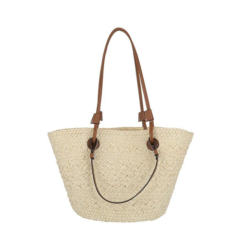 Woven shoulder bag in European American retro style with large capacity and dual carrying options