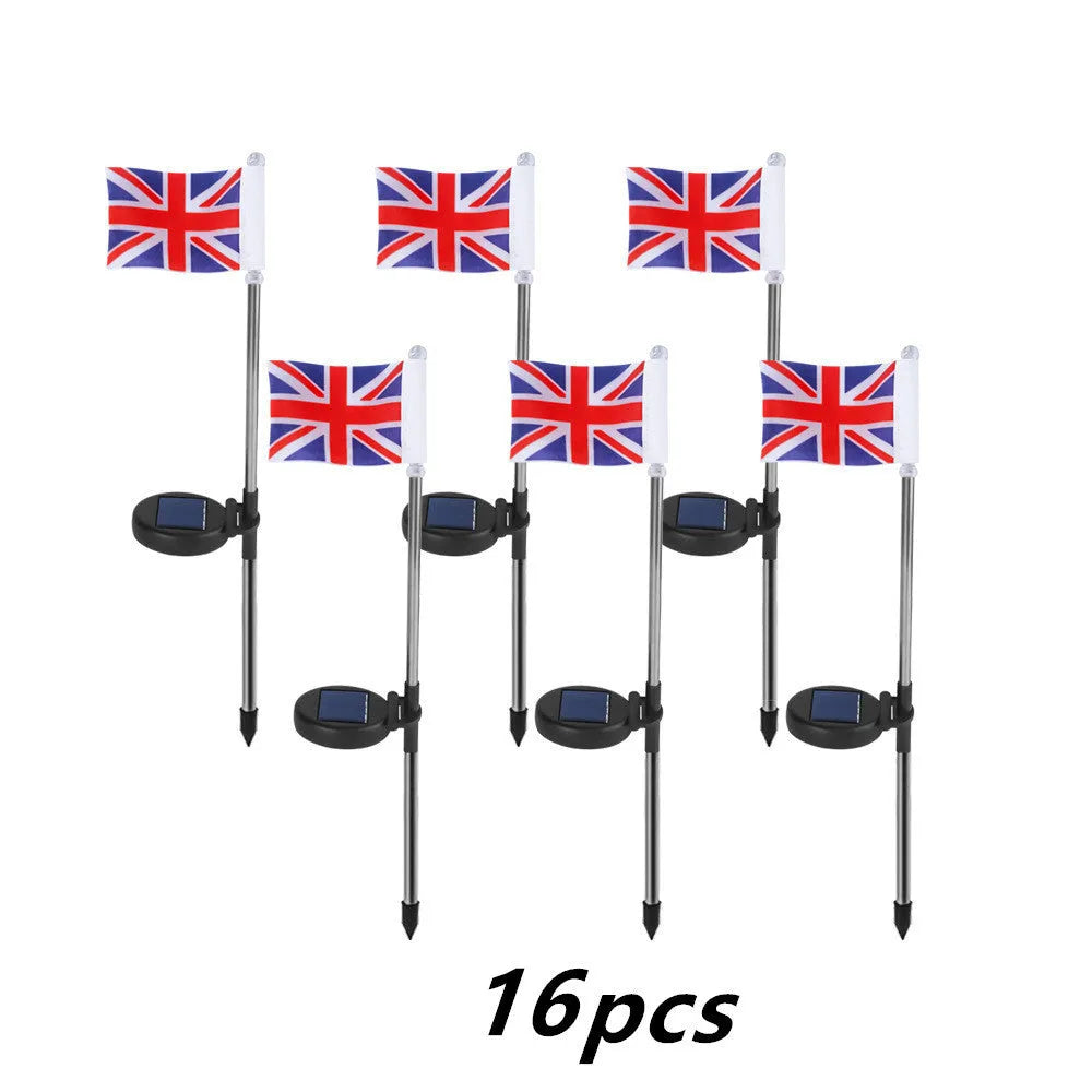 Solar garden flag light with American flag design on stainless steel pole, 34cm tall
