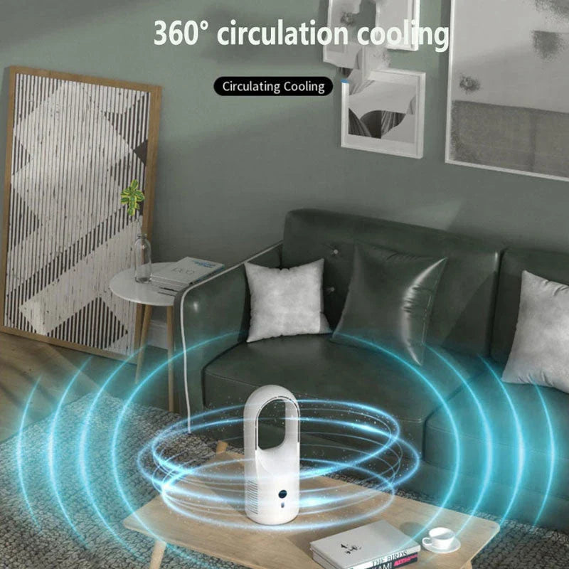 Ultra-quiet bladeless fan with adjustable settings, 360-degree air circulation, and rechargeable battery for desk or home use