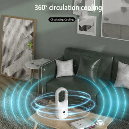 Ultra-quiet bladeless fan with adjustable settings, 360-degree air circulation, and rechargeable battery for desk or home use