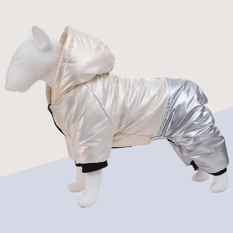 Green waterproof four-legged dog coat on pet showing full coverage design