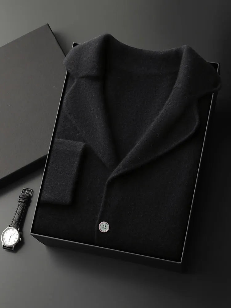 Men's cashmere lapel collar cardigan jacket in light gray colour showing loose fit and knitted texture