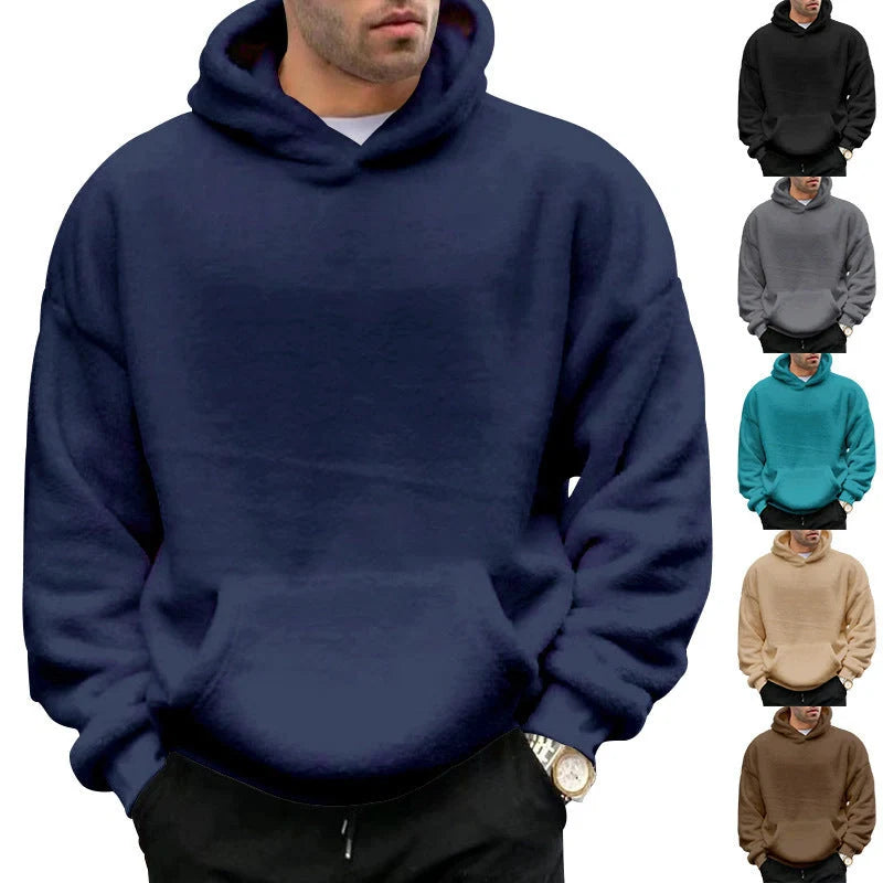 Double-sided velvet hooded sweater for men in navy blue with pockets
