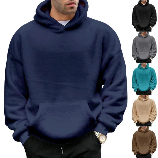 Double-sided velvet hooded sweater for men in navy blue with pockets