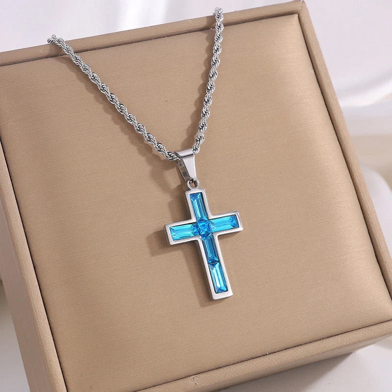 Elegant European and American-inspired diamond cross necklace with unique geometric design and vibrant, fade-resistant finish