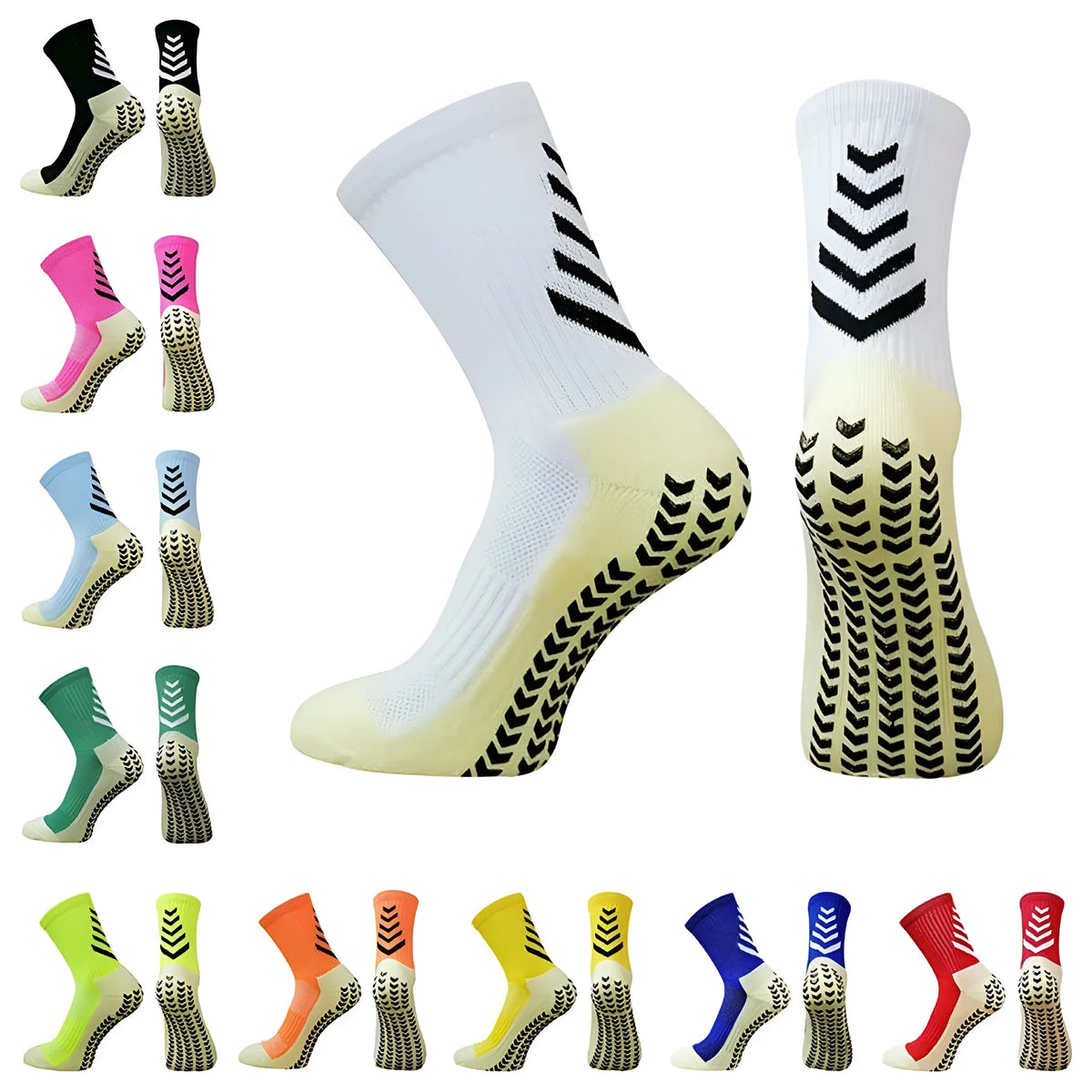 Men's mid-calf athletic football socks with geometric patterns and silicone grip sole