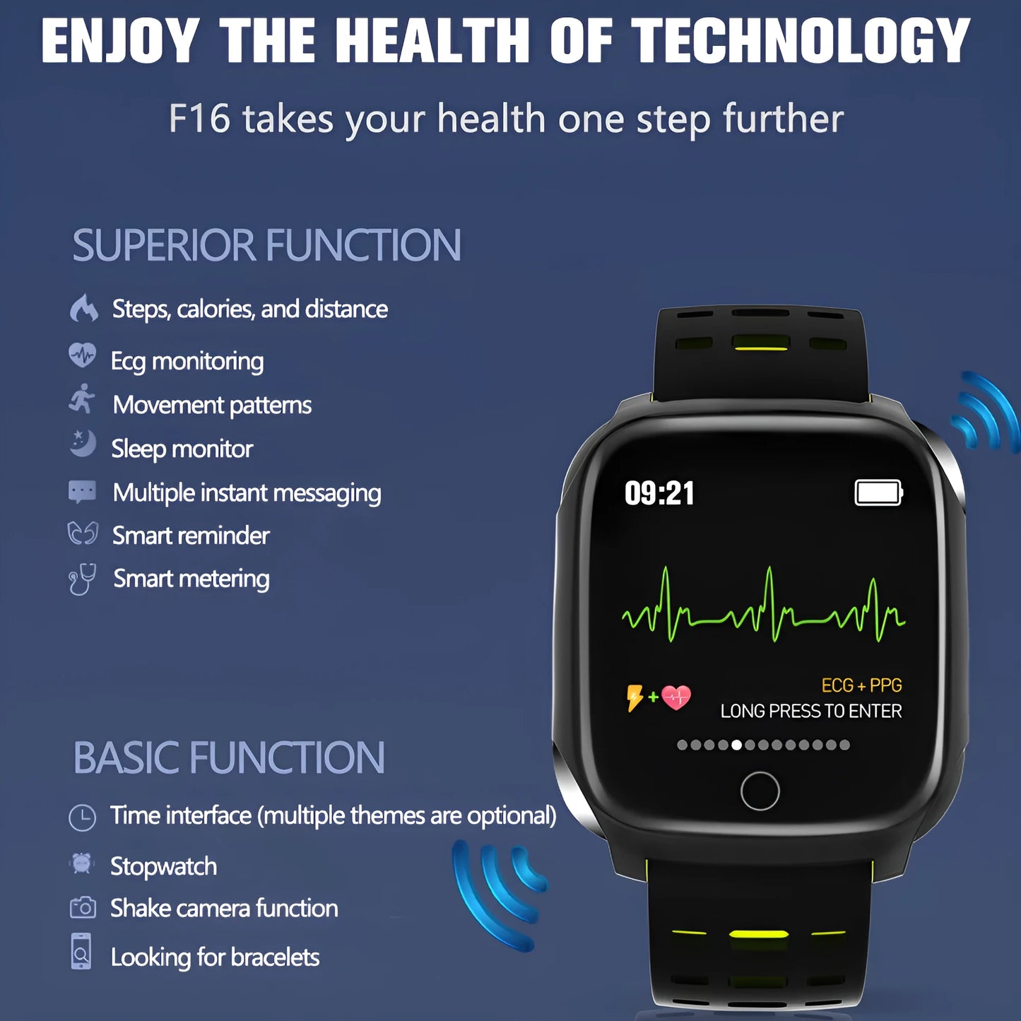 F16 smart watch with ECG and blood pressure monitor on a silicone wristband, showing the 43mm IPS screen.