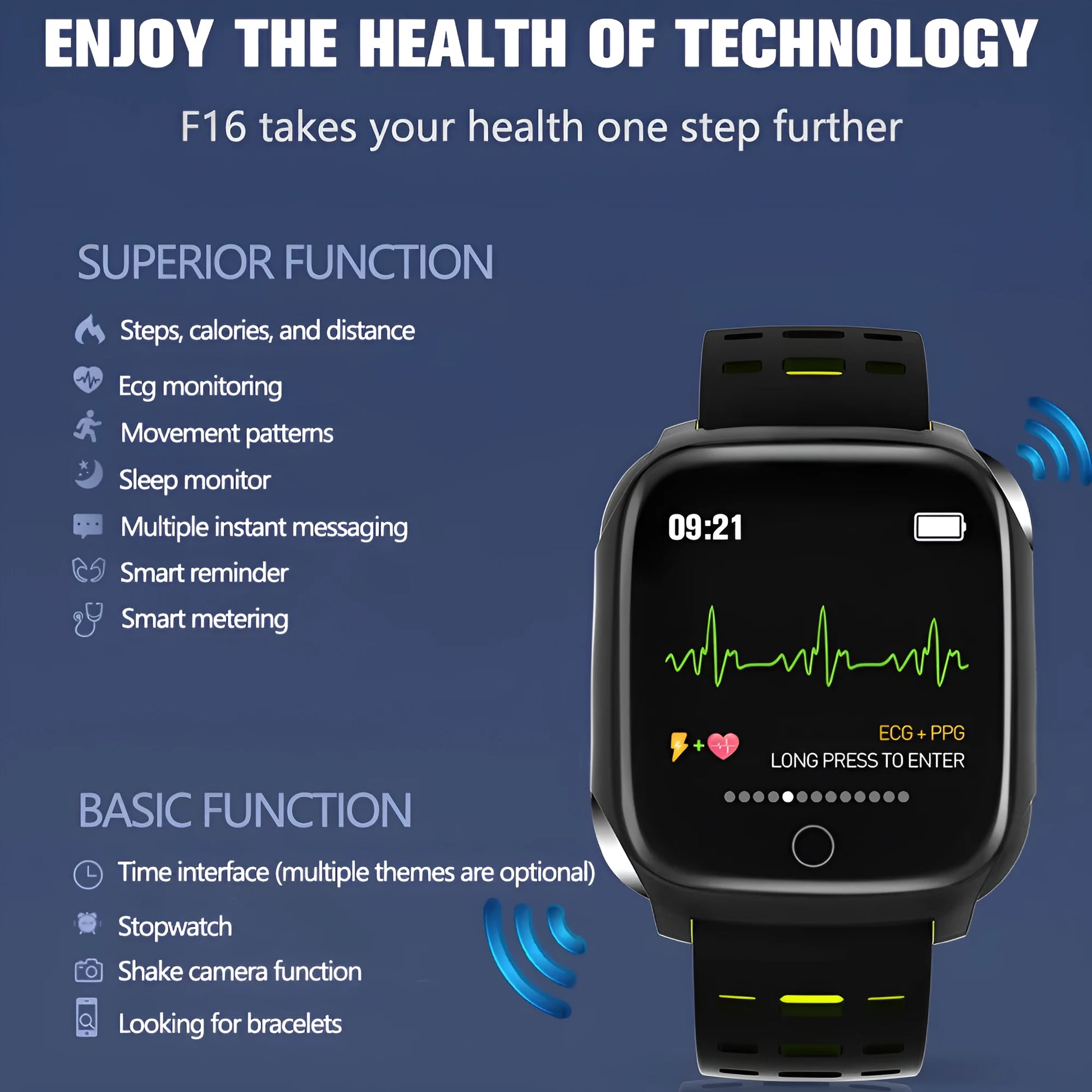 F16 smart watch with ECG and blood pressure monitor on a silicone wristband, showing the 43mm IPS screen.
