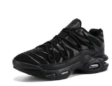 Men's breathable mesh sports shoes with rubber sole, air cushion, front lace-up, available in black, blue, red, and white