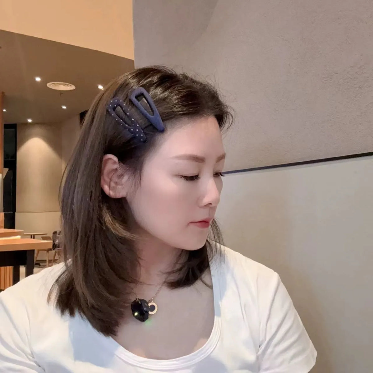 French retro style barrettes in dark denim and polka dot triangle or water drop designs for women