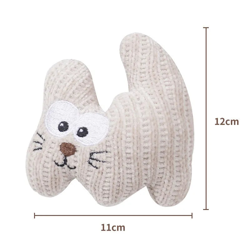 Cyan knitted plush cat toy with rope ends, shown next to a light coffee coloured version.