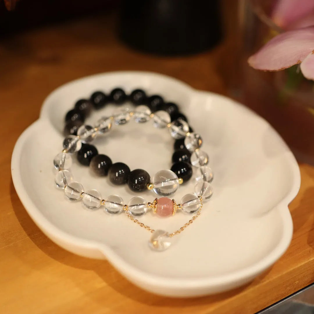 Women's white crystal cat eye obsidian bracelet with pink beads in Chinese geometric pattern