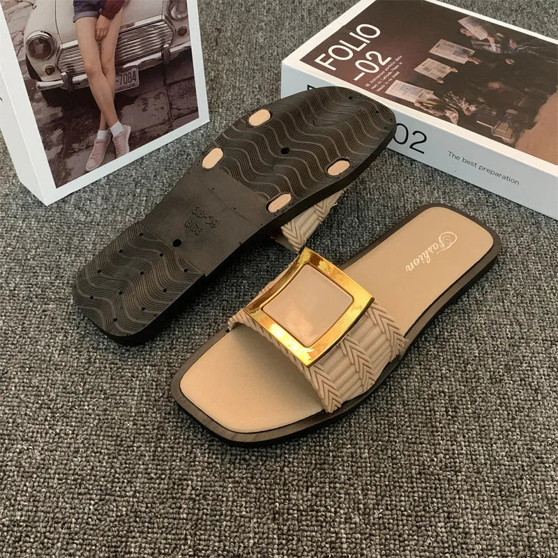 Women's summer flat slippers with PVC sole in apricot, black or khaki colours