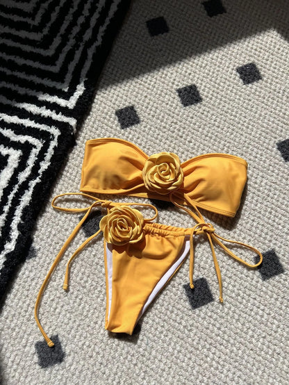 Women's solid colour drawstring tube top swimsuit in brief style, shown in one of nine available colours.