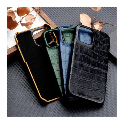 Leather grain oil edge iPhone cover in PC and PU leather, available in black, green, blue and yellow