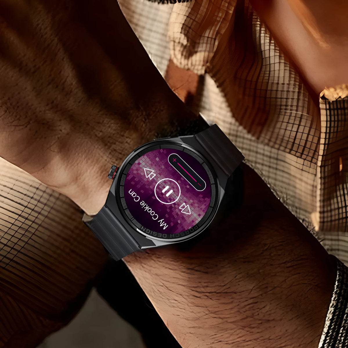 Black or silver smartwatch with a 1.39-inch glass screen on a silicone, steel, or leather-look strap.