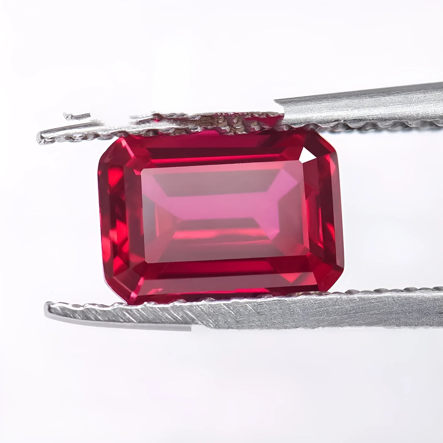 Synthetic pigeon blood red ruby gemstone showing egg shape, round, and princess square cuts