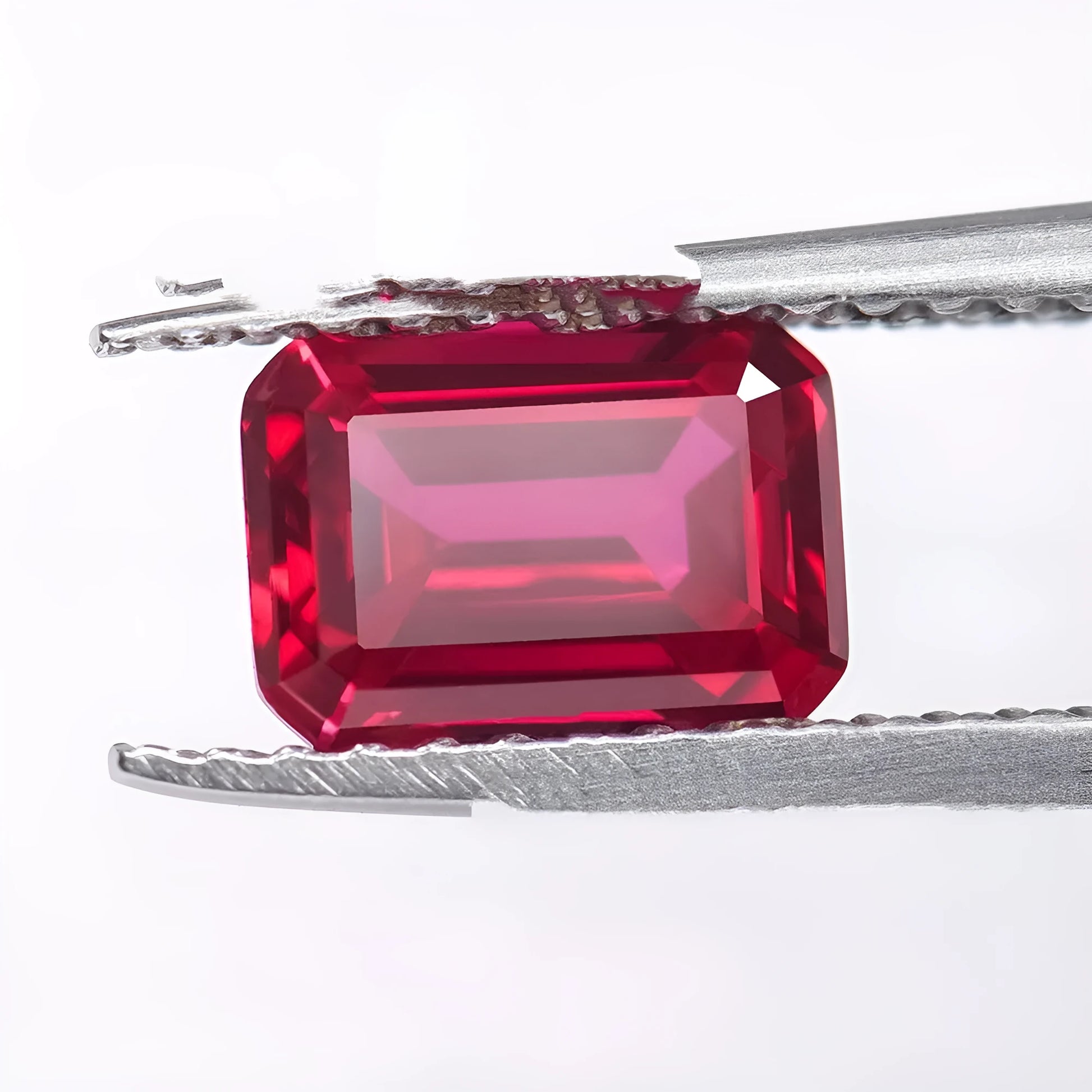 Synthetic pigeon blood red ruby gemstone showing egg shape, round, and princess square cuts