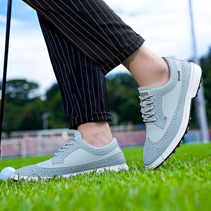 Men's lightweight golf shoe in lake blue with genuine leather upper and non-slip rubber sole.