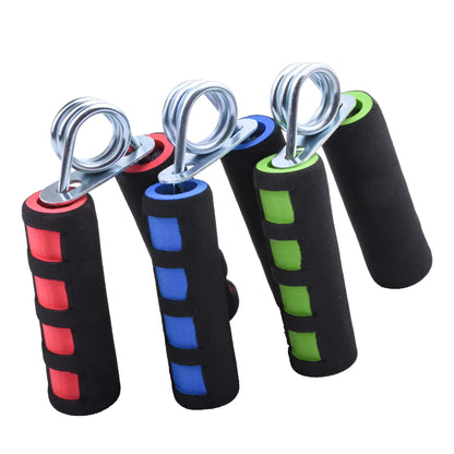 Hand grip strengthener with steel wire springs, sponge foam grip, 4.5cm, in Black gray, Black Blue, Black Red, Blue thread, or Dark green.