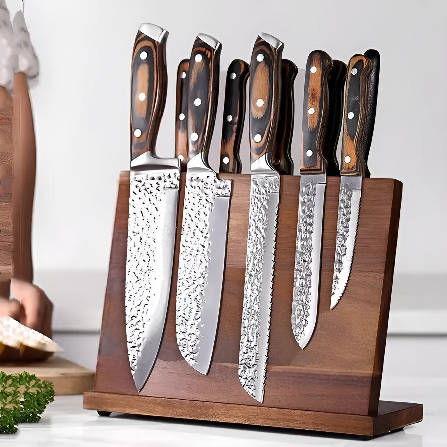 Solid wood magnetic knife holder in wood colour for kitchen storage.