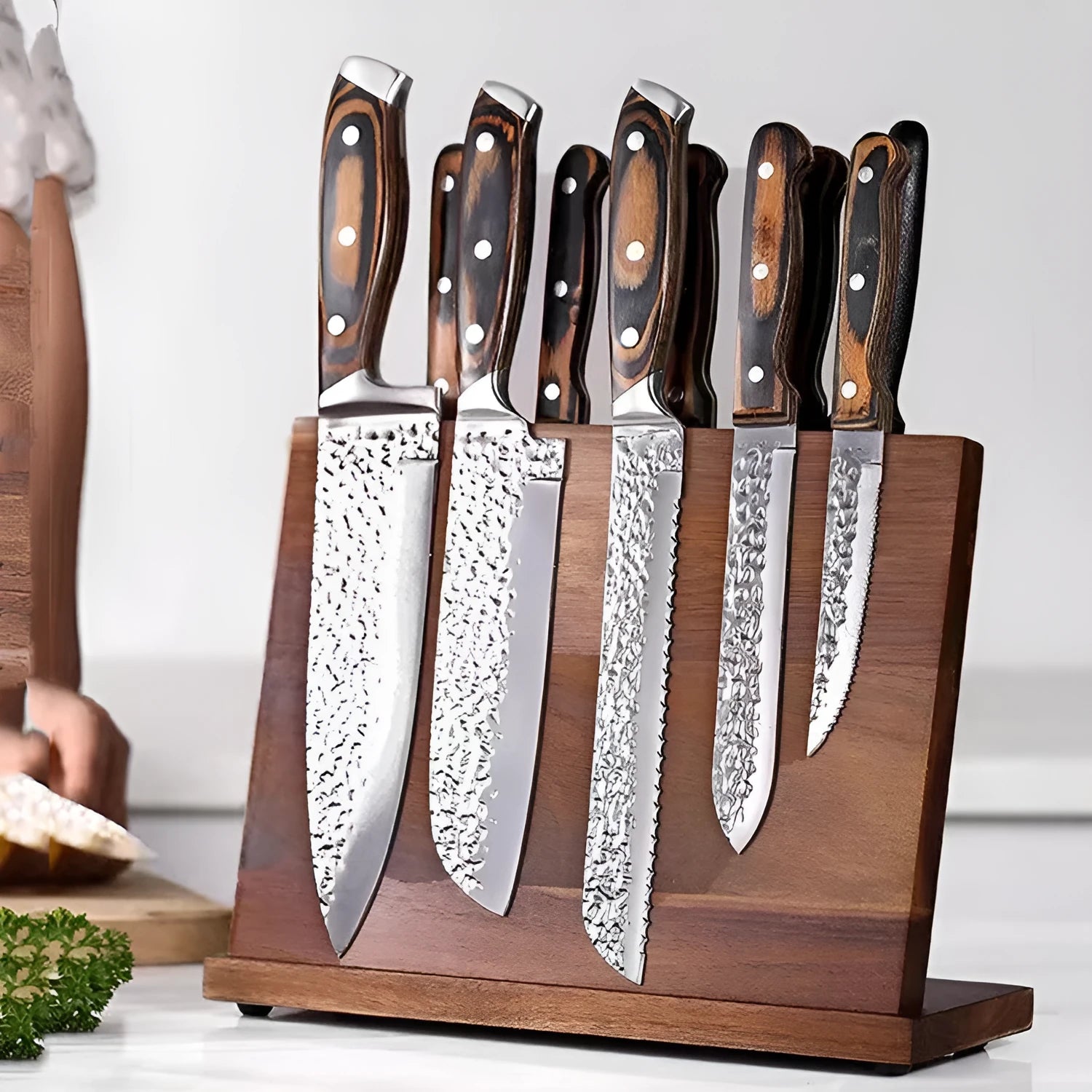 Solid wood magnetic knife holder in wood colour for kitchen storage.