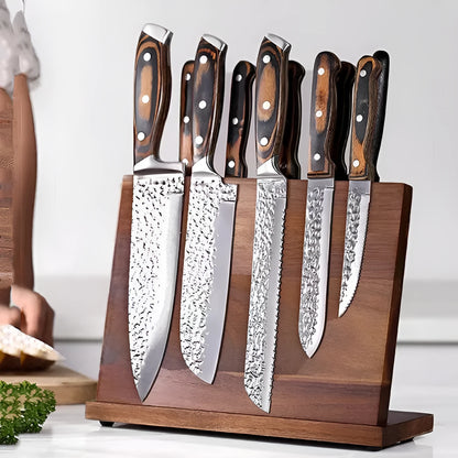 Solid wood magnetic knife holder in wood colour for kitchen storage.