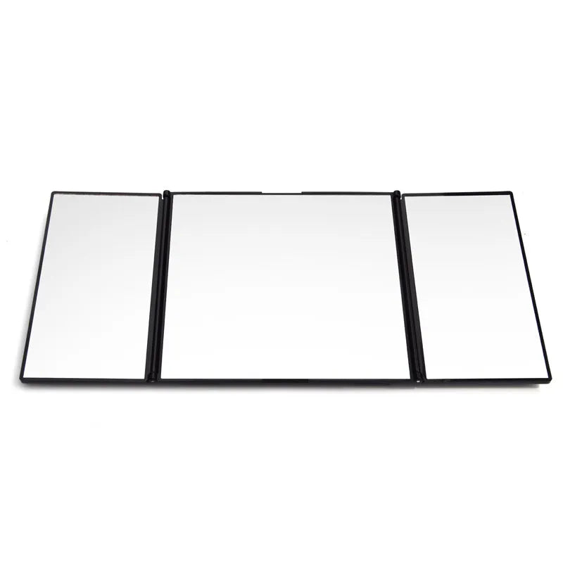 Silver car folding makeup mirror shown in opened position measuring 30.5cm wide