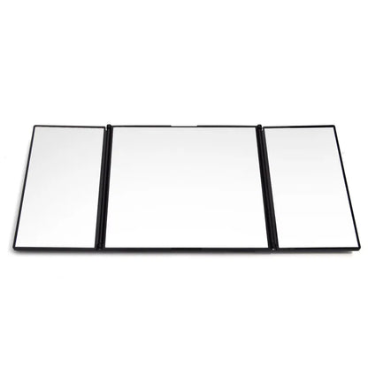 Silver car folding makeup mirror shown in opened position measuring 30.5cm wide
