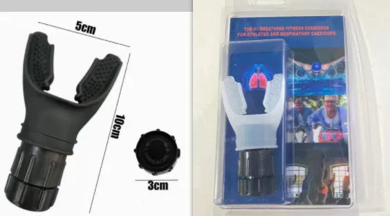 White and black adjustable resistance breathing trainer with silicone mouthpiece