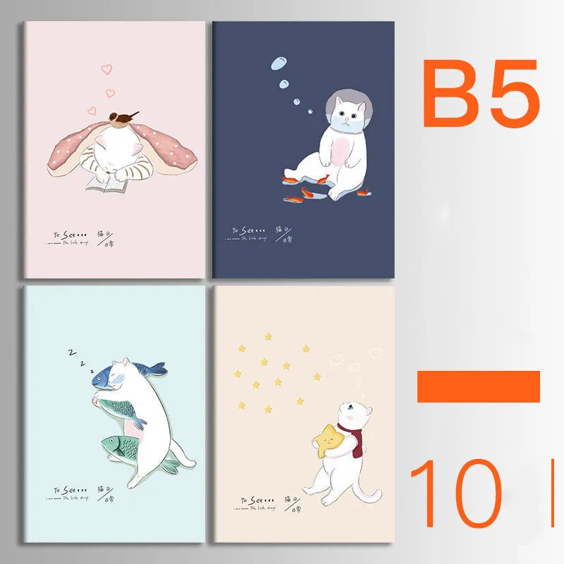 Pack of ten A5 kraft paper thread-bound notebooks with artistic cover designs lying flat.