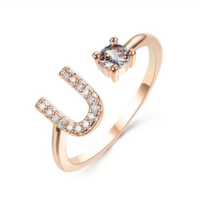 Personalized Initial Letter Crystal Ring with Adjustable Design in Gold, Silver, and Rose Gold Colors