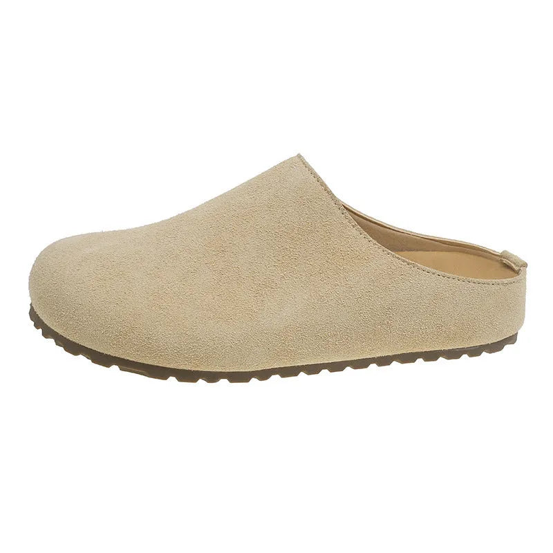 Korean-style flat outdoor slippers in apricot colour with square toe design and slip-on style