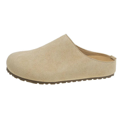 Korean-style flat outdoor slippers in apricot colour with square toe design and slip-on style