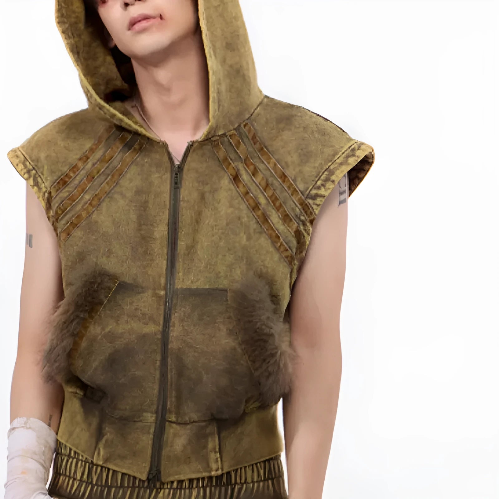 Korean style sleeveless tank top with hooded collar and zippered front paired with matching trousers